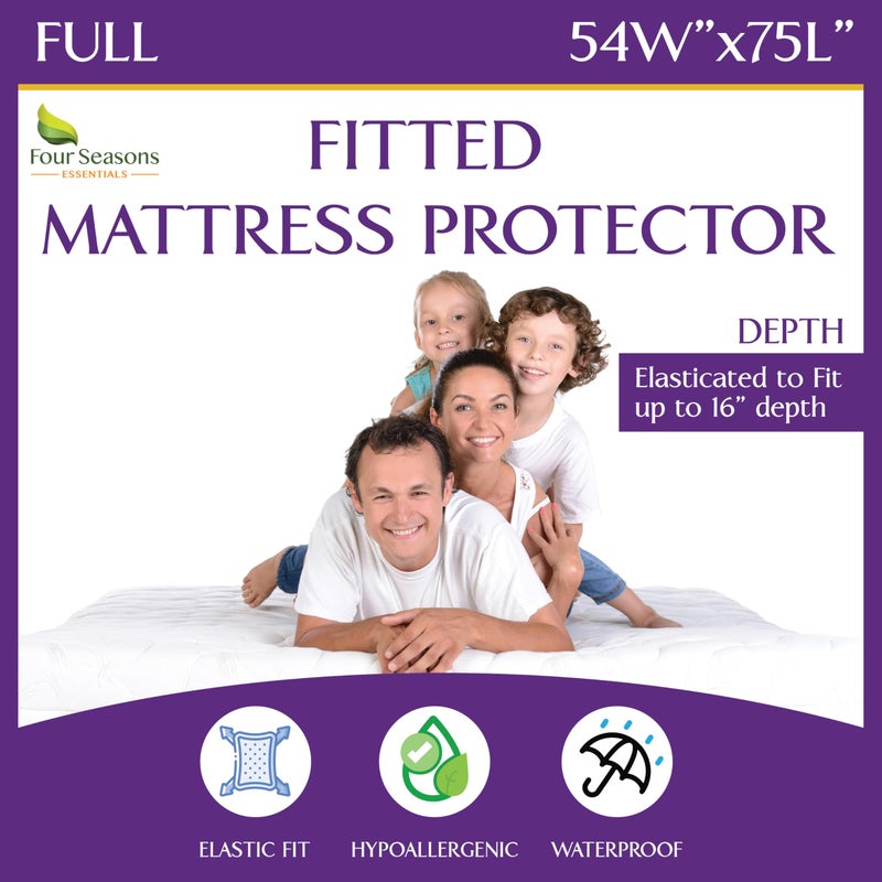 Four Seasons Essentials Full Size Waterproof Mattress Protector - Fitted Sheet Style - Hypoallergenic Premium Quality Cover Protects Against Dust - Image 1